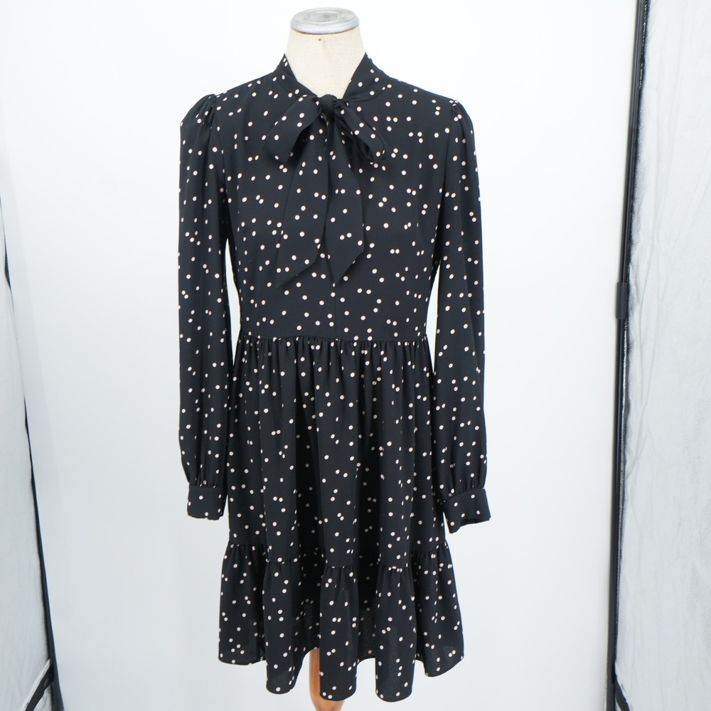 Kate Spade Scatter Dot Shirtdress 8 Black Bow Polka Long Sleeve Tiered Mini